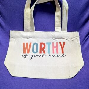 Cream Canvas Tote Bag with Multicolor 'WORTHY' Print